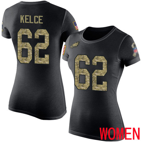 Women Philadelphia Eagles #62 Jason Kelce Black Camo Salute to Service NFL T Shirt->women nfl jersey->Women Jersey
